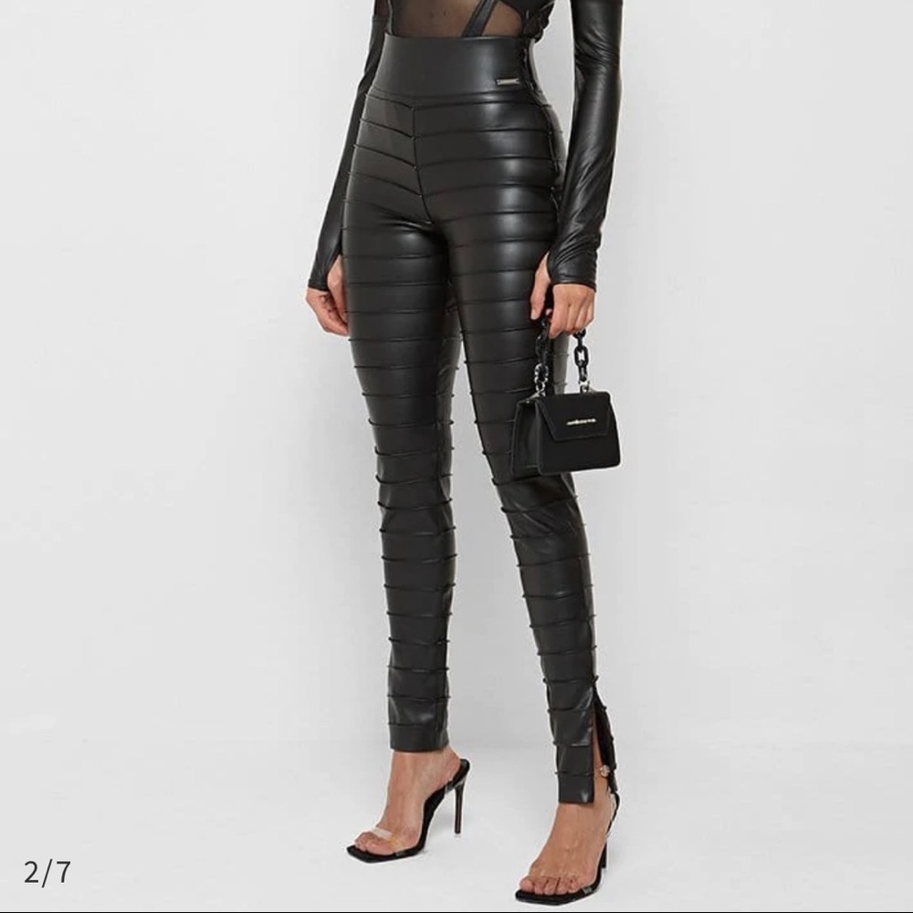 Black Ribbed Vegan Leather Pants
